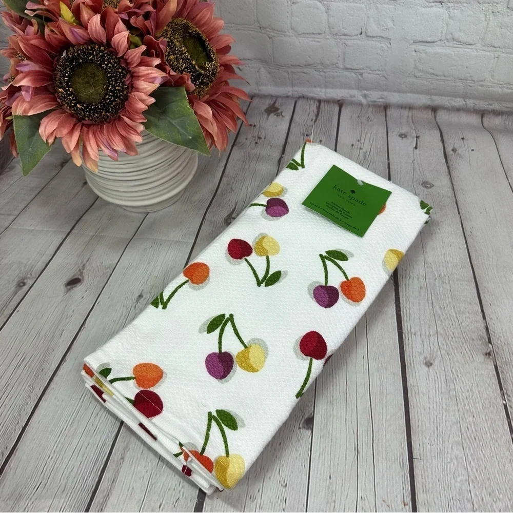 NWT Kate Spade Cherry Patterned cotton Kitchen Towel Set designer cherry girl